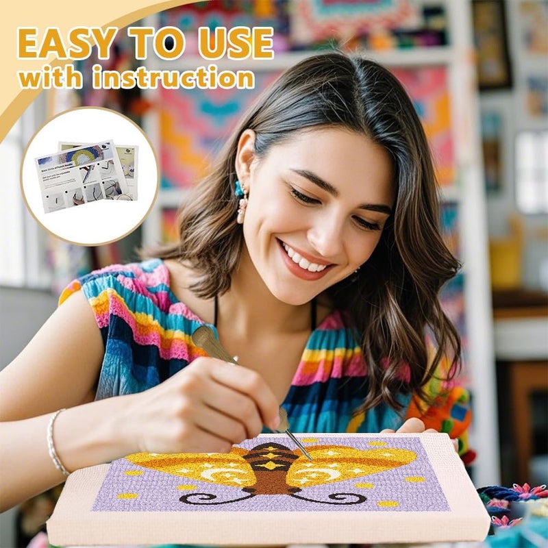 DOODLREAM Moth DIY Punch Needle Embroidery Kit for Adult Beginner, 9.4" Insect Animal Punch Stitching Craft Set for Starter with Frame, Fabric Pattern, Threader, Yarn, Pinch Needle - Image 3